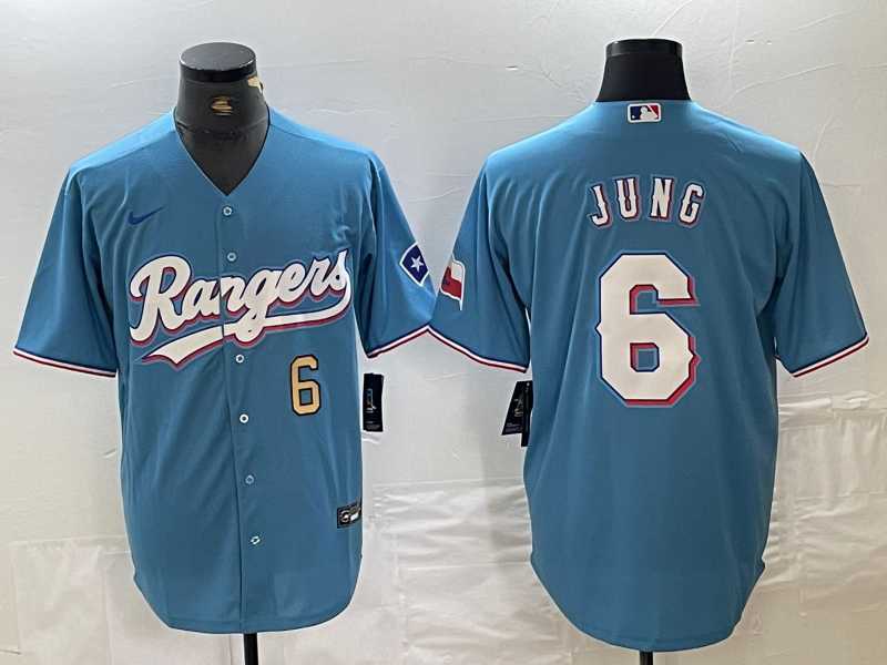 Men%27s Texas Rangers #6 Josh Jung Number Light Blue Team Logo Cool Base Jersey->texas rangers->MLB Jersey